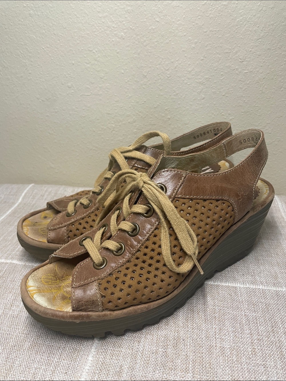 FLY London Size 39 Brown Leather Wedge Sandals